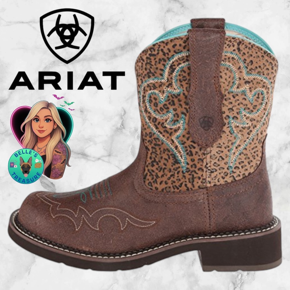 Ariat Fatbaby Brown Leather Leopard Print Western Boots Turquoise‎ Women's 8B